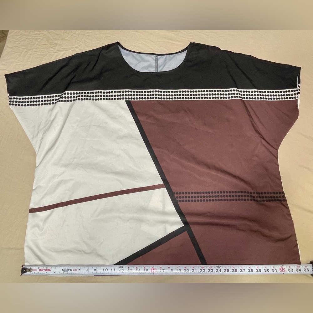 SHEIN Black Brown White Geometric Print Blouse, Round Neck, Short Sleeve, 7XL